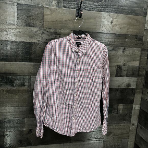 J Crew Men's Slim Fit Button Down Gingham Plaid Shirt Sz LG Red Blue 100% Cotton - Picture 2 of 6